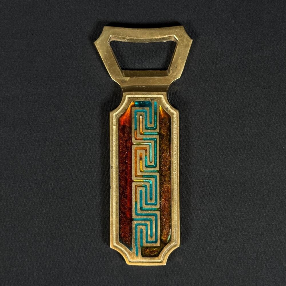 BRASS Enamel GREEK Key Design Bottle Opener Vintage